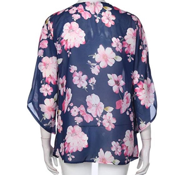 Navy floral print chiffon kimono coverup - Picture 7 of 7